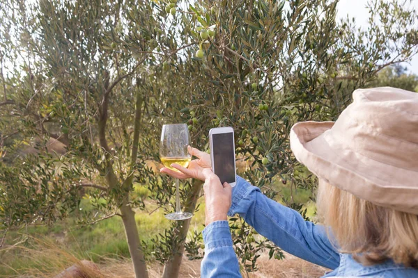 Frau macht ein Foto von Weinglas — Stockfoto