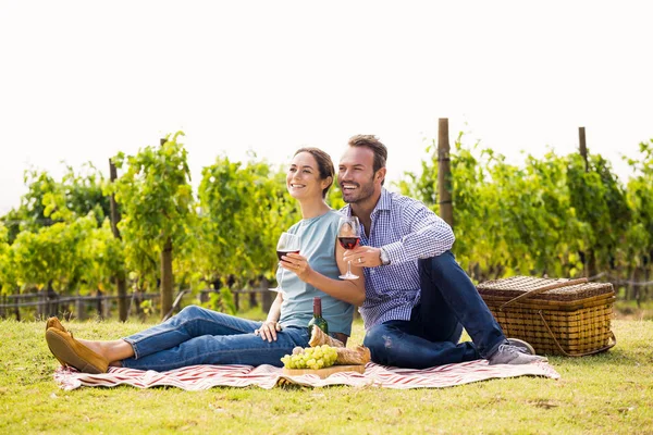 Couple with wineglasses sitting at lawn — Stock Photo, Image