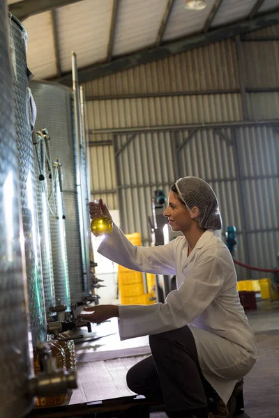 Tecnico donna che esamina l'olio d'oliva — Foto Stock