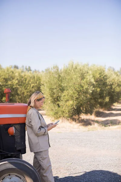 Femme utilisant le téléphone dans la ferme d'olivier — Photo