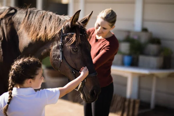 Mother and daughter touching the horse — Stock Photo, Image