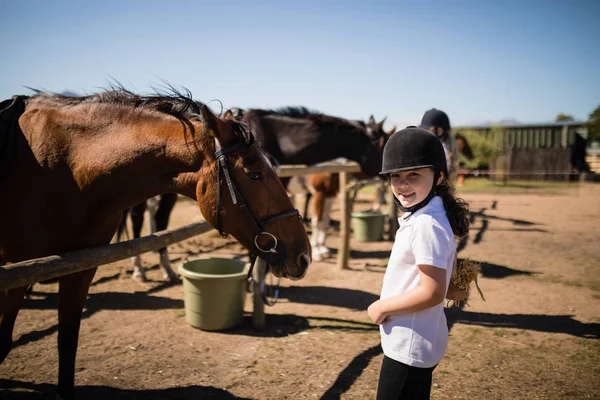 Menina de pé perto do cavalo no rancho — Fotografia de Stock