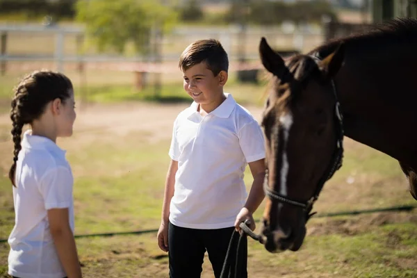 Boy and girl standing with horse — Stock Photo, Image