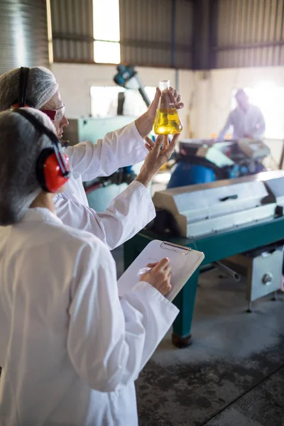 Técnicos examinando el aceite de oliva — Foto de Stock