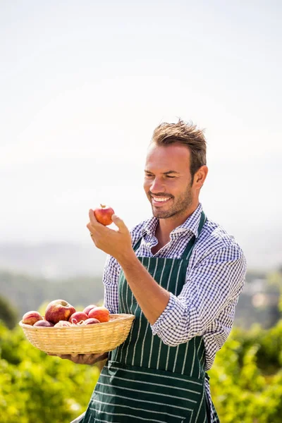 Усміхнений молодий чоловік дивиться на яблуко — стокове фото