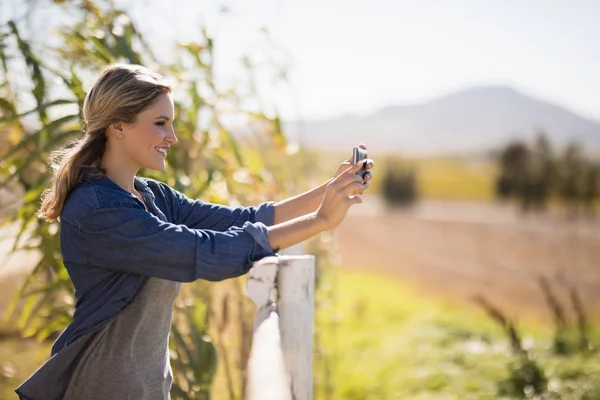 Frau macht Selfie mit Handy im Park — Stockfoto