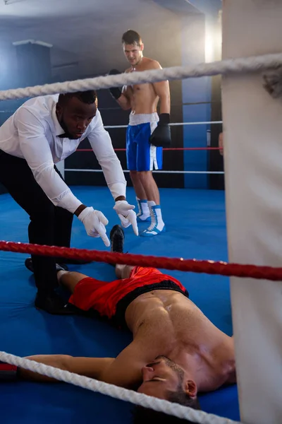 Scheidsrechter tellen in de buurt van onbewuste bokser — Stockfoto