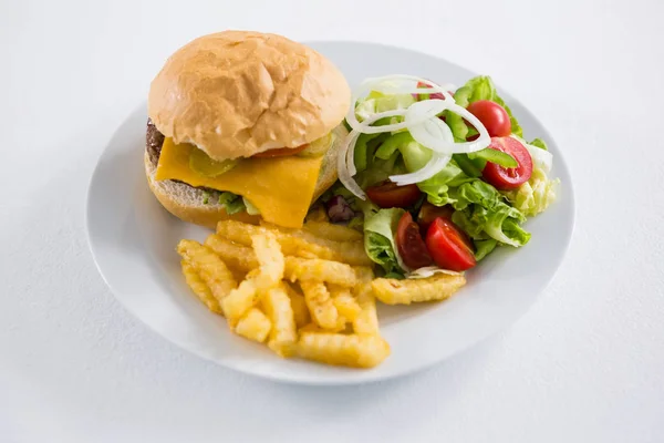 Hamburger met salade en frietjes — Stockfoto