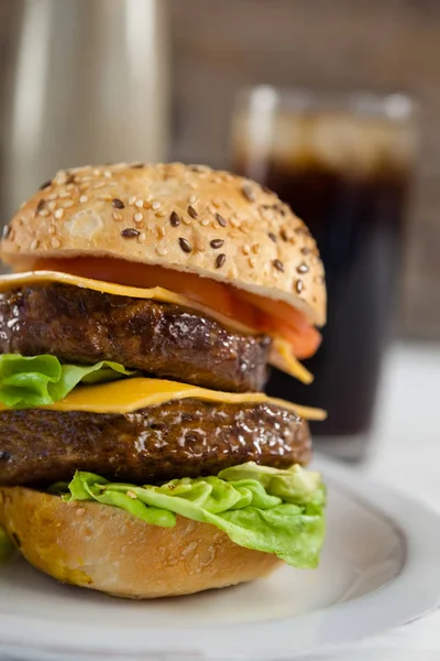 Plaka lezzetli hamburger — Stok fotoğraf