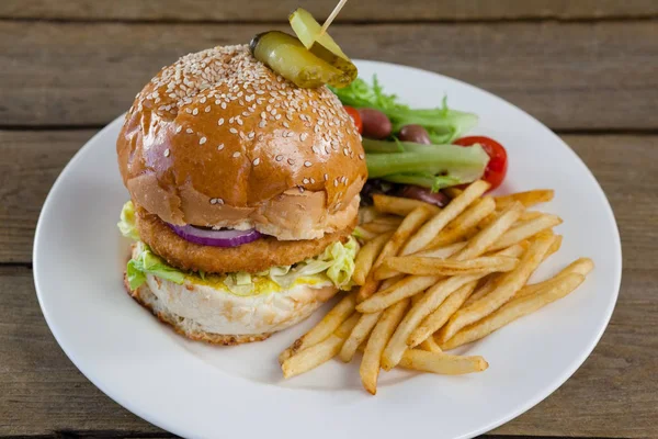 Hamburger met frites en salade — Stockfoto