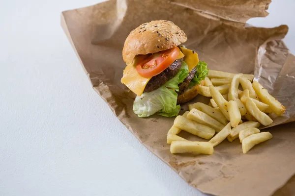 Hambúrguer e batatas fritas sobre papel — Fotografia de Stock