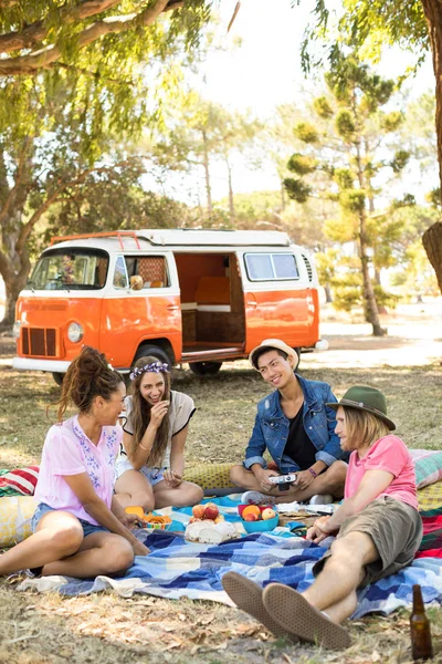 Friends relaxing on field during picnic — Stock Photo, Image