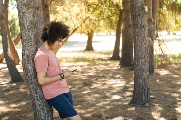 Uomo che utilizza il telefono cellulare nella foresta — Foto Stock