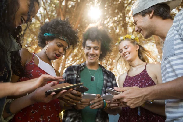 Prieteni care folosesc telefoanele mobile împreună — Fotografie, imagine de stoc