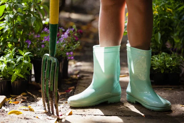 Menina de pé com garfo de jardinagem no caminho — Fotografia de Stock
