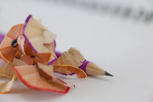 Bleistift mit Spänen auf Buch — Stockfoto
