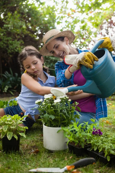 Mãe e filha regando plantas em vaso — Fotografia de Stock