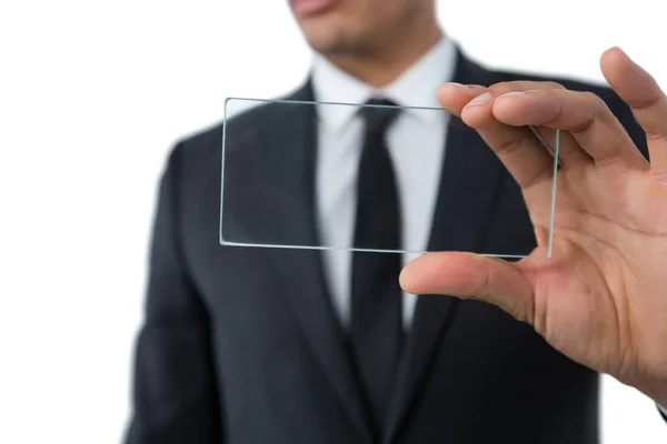 Businessman showing transparent interface — Stock Photo, Image