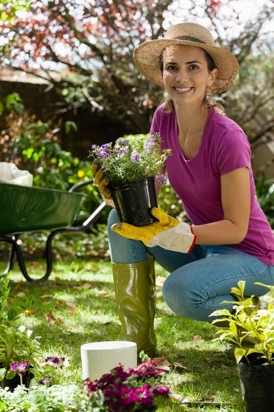 Donna sorridente che tiene pianta in vaso — Foto Stock