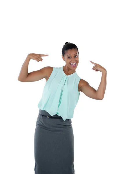 Happy woman pointing at herself — Stock Photo, Image