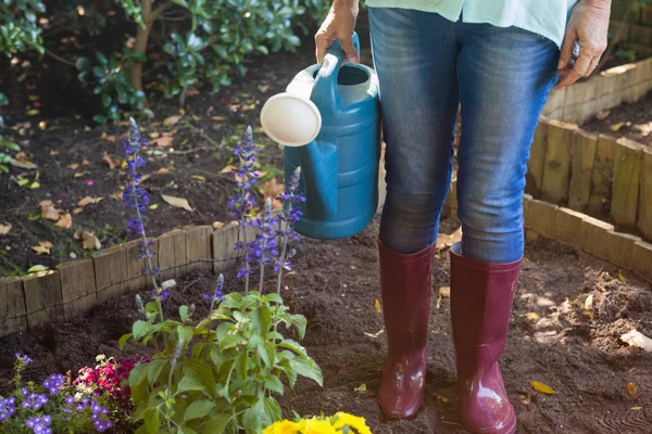 Woman standing with watering can — Stock Photo, Image