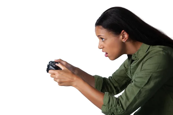 Vrouw afspelen van video game — Stockfoto