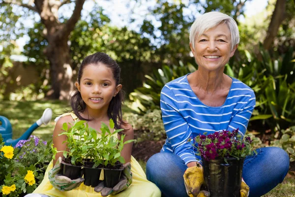 Meisje en grootmoeder zitten bedrijf planten — Stockfoto