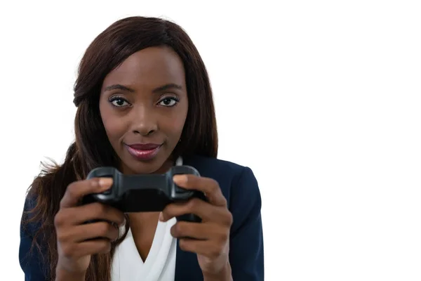 Femme d'affaires jouant jeu vidéo — Photo