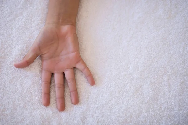 Palm on white towel — Stock Photo, Image