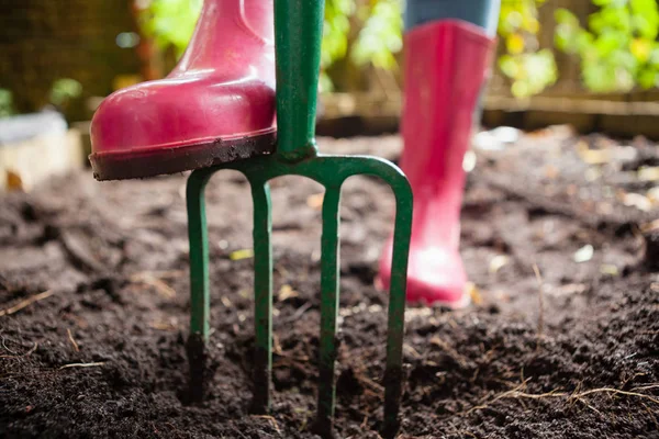 Woman standing with gardening fork — Stock Photo, Image