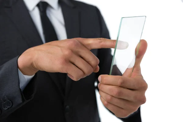 Hombre de negocios tocando la pantalla de interfaz transparente —  Fotos de Stock