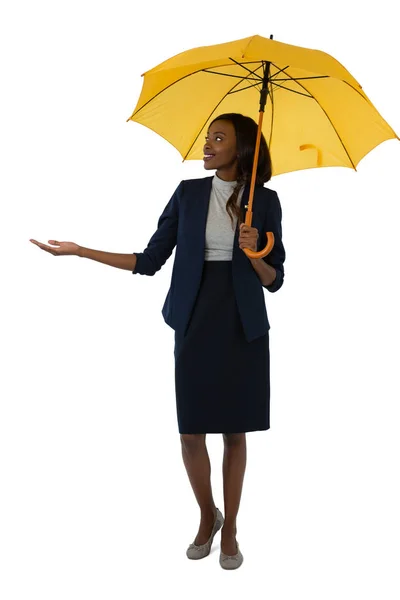 Sorrindo empresária segurando guarda-chuva — Fotografia de Stock