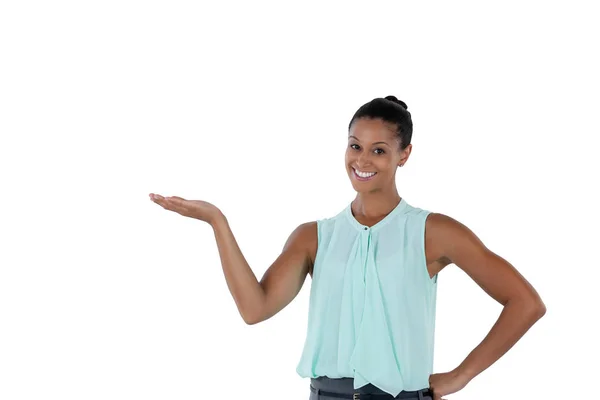 Businesswoman making hand gesture — Stock Photo, Image