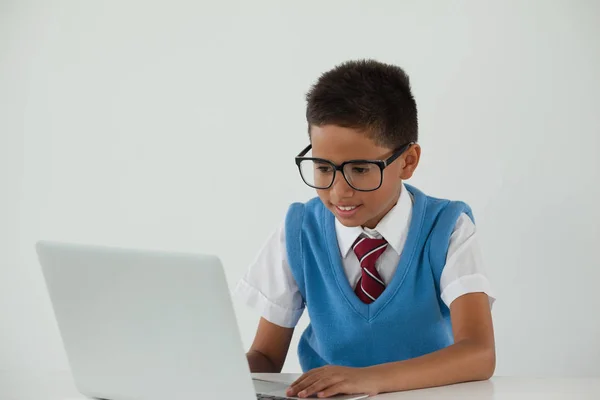 Schoolboy usando laptop — Fotografia de Stock