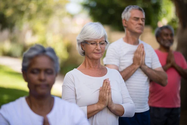 Personas mayores meditando en posición de oración —  Fotos de Stock