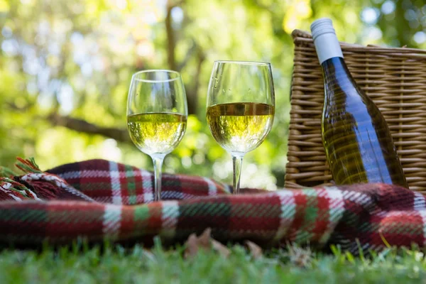 Copa de vino y botella en manta — Foto de Stock