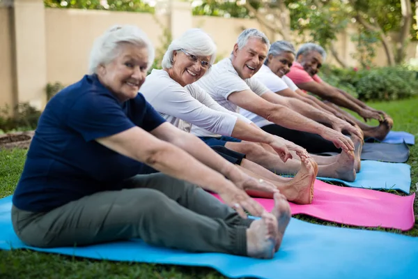 Anziani che fanno esercizi di stretching al parco — Foto Stock