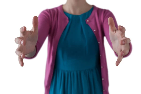 Girl pretending to be hold invisible object — Stock Photo, Image