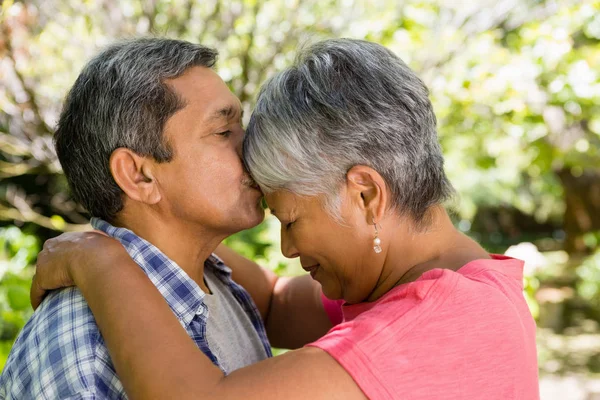 Starszy mężczyzna całuje kobietę na czole w ogrodzie — Zdjęcie stockowe