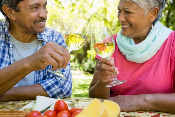 Senior Paar stößt Weingläser an — Stockfoto