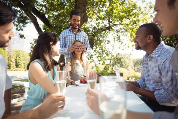 Group of friends celebrating woman's birthday — Stock Photo, Image