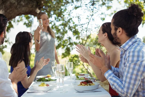 Gruppe von Freunden stößt Sektgläser an — Stockfoto