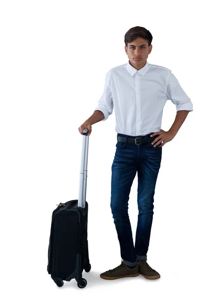 Menino posando com uma mala — Fotografia de Stock