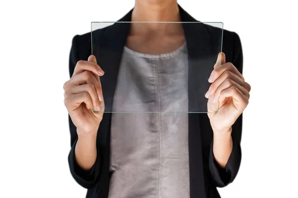 Businesswoman showing glass interface — Stock Photo, Image