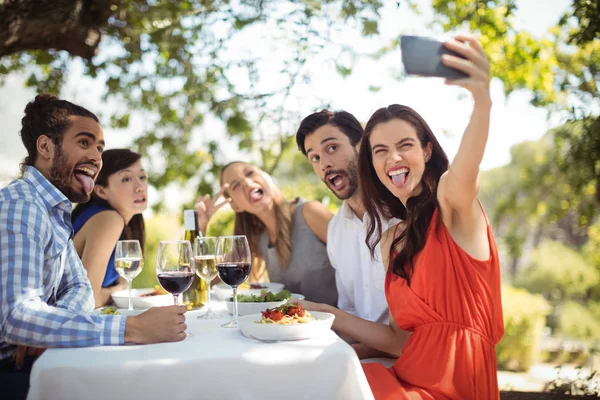 Skupina přátel, klepnutím na selfie — Stock fotografie