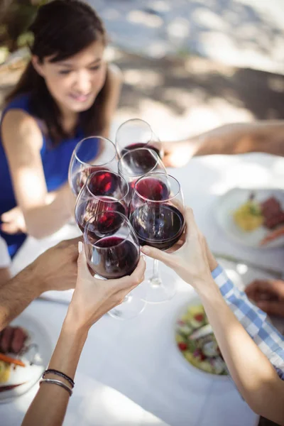 Groep vrienden roosteren champagneglazen — Stockfoto