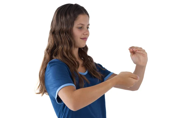 Leende flicka med hand kupade — Stockfoto