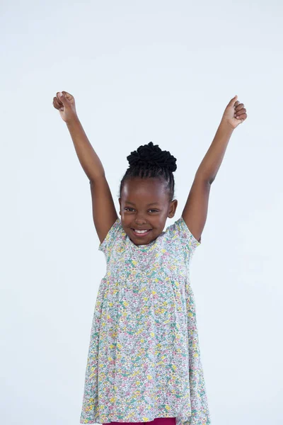 Cheerful businesswoman with arms raised — Stock Photo, Image