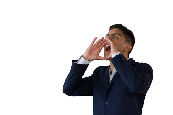 Affärsman med händer som täcker munnen skriker — Stockfoto