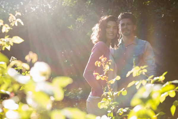 Sorrindo casal de pé juntos no jardim — Fotografia de Stock